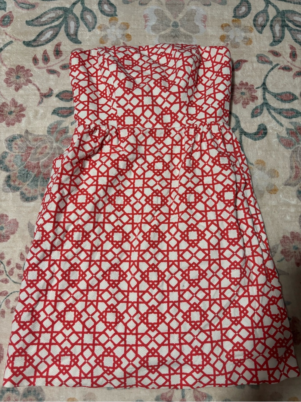 Anthropologie Annie Griffin Strapless White Dress with pink Lattice Print